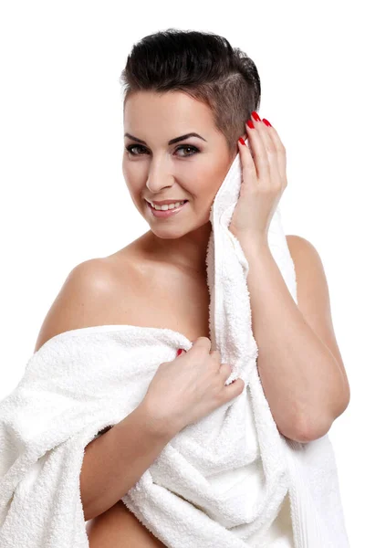 Young Woman Short Haircut Towel Isolated White Background — Stock Photo, Image