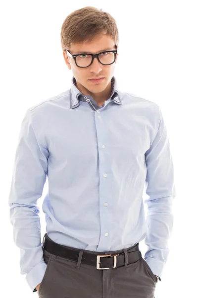 Handsome Man Blue Shirt Glasses Holds His Hands Pockets White — Stock Photo, Image