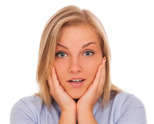 Closeup Portrait Young Blond Caucasian Woman Surprised White Background — Stock Photo, Image