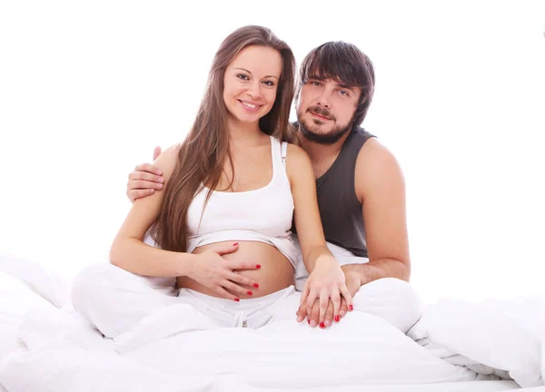 Young Beautiful Couple Sitting Bed — Stock Photo, Image