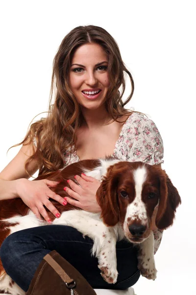 Beautiful Happy Caucasian Woman Posing Dog — Stock Photo, Image