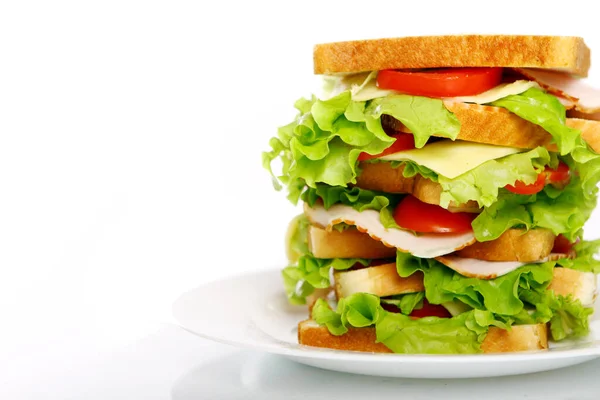 Grote Sandwich Plaat Geïsoleerd Witte Achtergrond — Stockfoto
