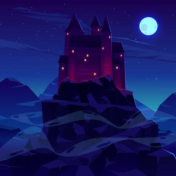 Загадочный Средневековый Замок Каменными Башнями Шпилями Освещал Огонь Факелов Светился — стоковый вектор