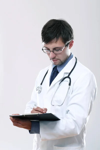 Young Doctor Stethoscope Clipboard Gray Background — Stock Photo, Image