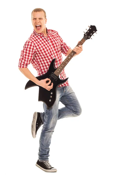 Muziek Geluid Muzikant Met Een Gitaar Witte Achtergrond — Stockfoto