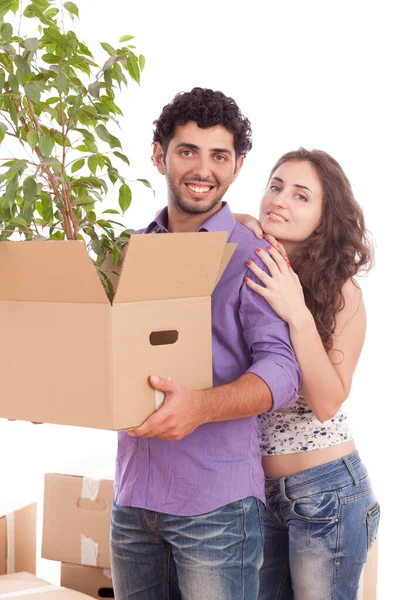 Young Happy Couple Carrying Boxes New House — Stock Photo, Image