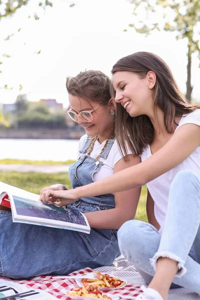 Mooie Vrouwen Picknicken Het Park — Stockfoto