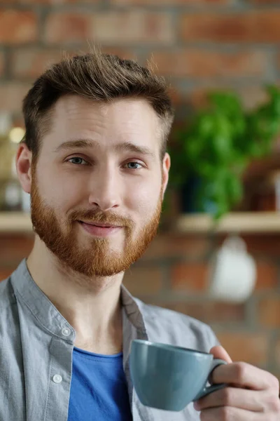Handsome Young Man Beard Posing Kitchen — Stock Photo, Image