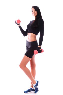 güzel esmer beyaz arka plan üzerinde dumbell ile çalışma dışarı