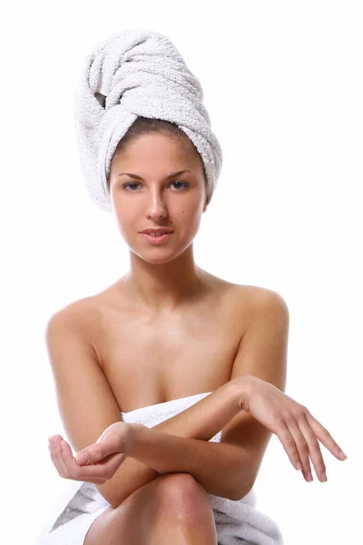 Beautiful Girl White Towel — Stock Photo, Image