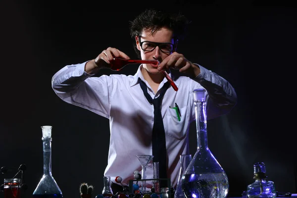 Young Chemist White Shirt Doing Experiment Lab — Stock Photo, Image