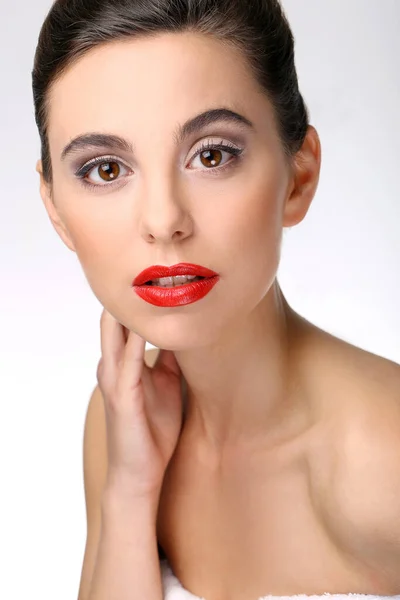 Wunderschöne Frau Mit Rotem Lippenstift — Stockfoto