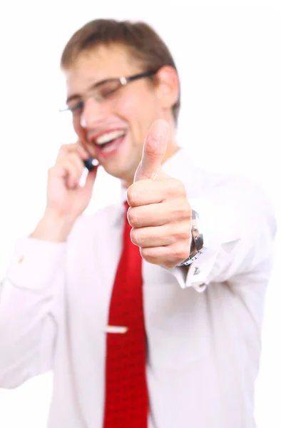 Ung Affärsman Visar Tecken Medan Ringer Telefon — Stockfoto