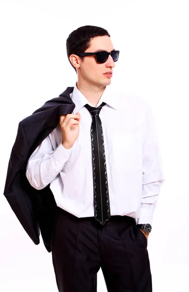 Homem Negócios Jovem Atraente Óculos Sol Isolados Branco — Fotografia de Stock