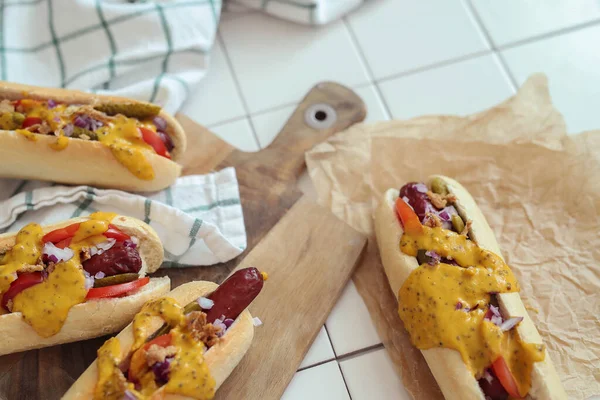 Nourriture Hot Dog Délicieux Sur Table — Photo