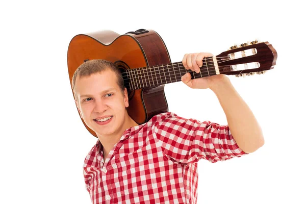 Jeune Musicien Avec Guitare Bois — Photo