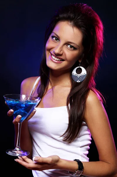 Jeune Belle Femme Avec Cocktail Bleu Dans Boîte Nuit — Photo