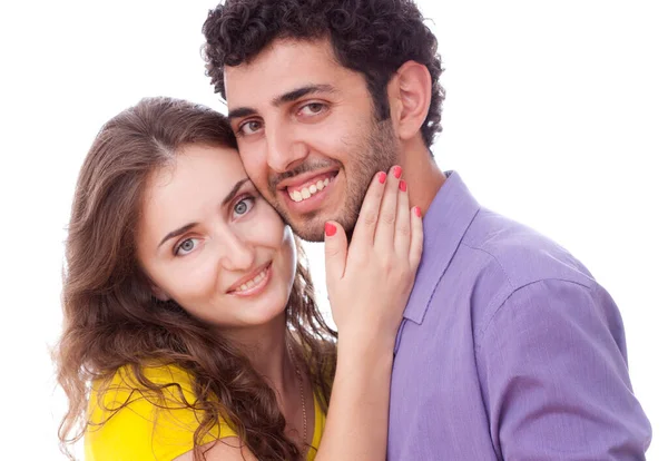 Jovem Feliz Casal Sobre Fundo Branco — Fotografia de Stock