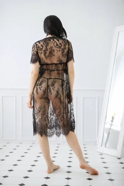 Bathroom Beautiful Woman Black Transparent Dress — Foto Stock