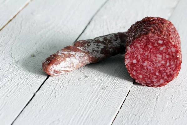 Fresh Delicious Salami Wooden Surface — Stock Photo, Image