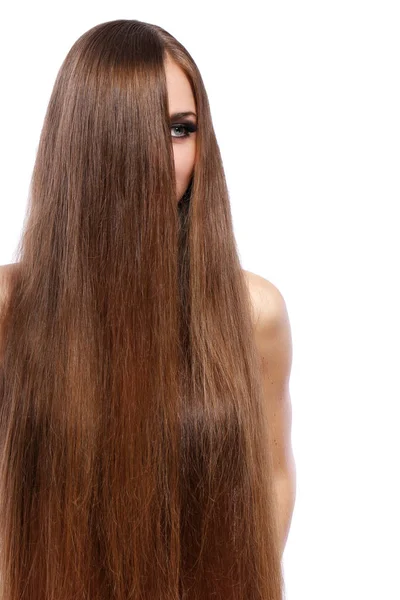 Mujer Joven Con Hermoso Cabello Sobre Suelo Bakcground Blanco — Foto de Stock