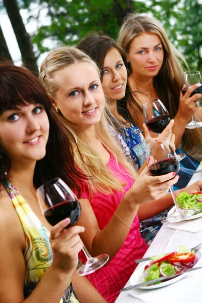 一群漂亮的女人喝着大自然的酒 免版税图库图片