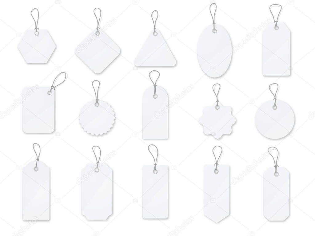 Sale tag and labels vector template set. White  glossy price tag on white background. Realistic  modern banner.  Blank, discount and price tags.