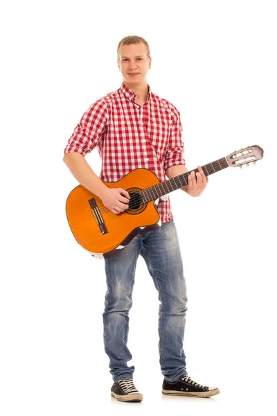 Jonge Muzikant Met Houten Gitaar — Stockfoto