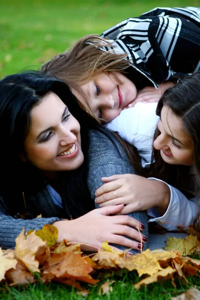 Young Family Taking Healthy Stroll Autumn Park Have Fun — Stock Photo, Image