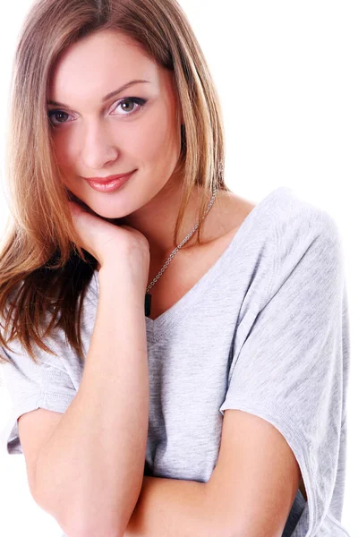 Closeup Portret Van Schattige Jonge Meisje Glimlachend Tegen Witte Achtergrond — Stockfoto
