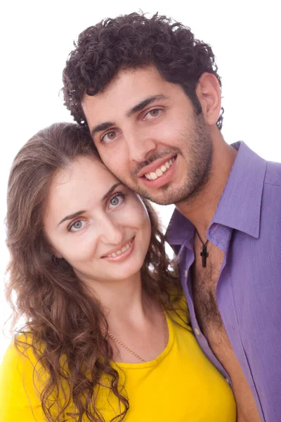 Jovem Feliz Casal Sobre Fundo Branco — Fotografia de Stock