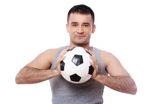 Cara Atraente Com Bola Futebol Sobre Fundo Branco — Fotografia de Stock