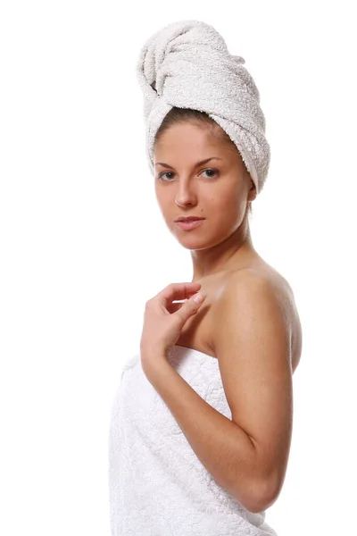 Beautiful Girl White Towel — Stock Photo, Image
