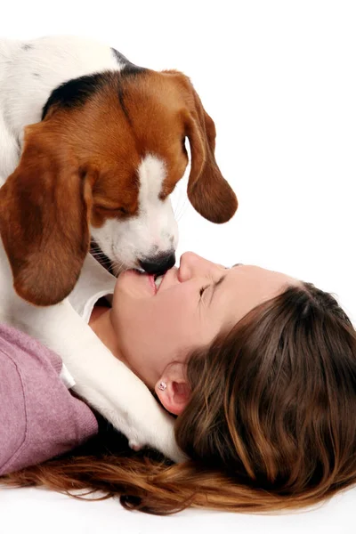 Jovem Feliz Brincando Com Seu Cão Fundo Branco — Fotografia de Stock