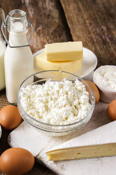 Comida Deliciosos Produtos Lácteos Cima Mesa — Fotografia de Stock