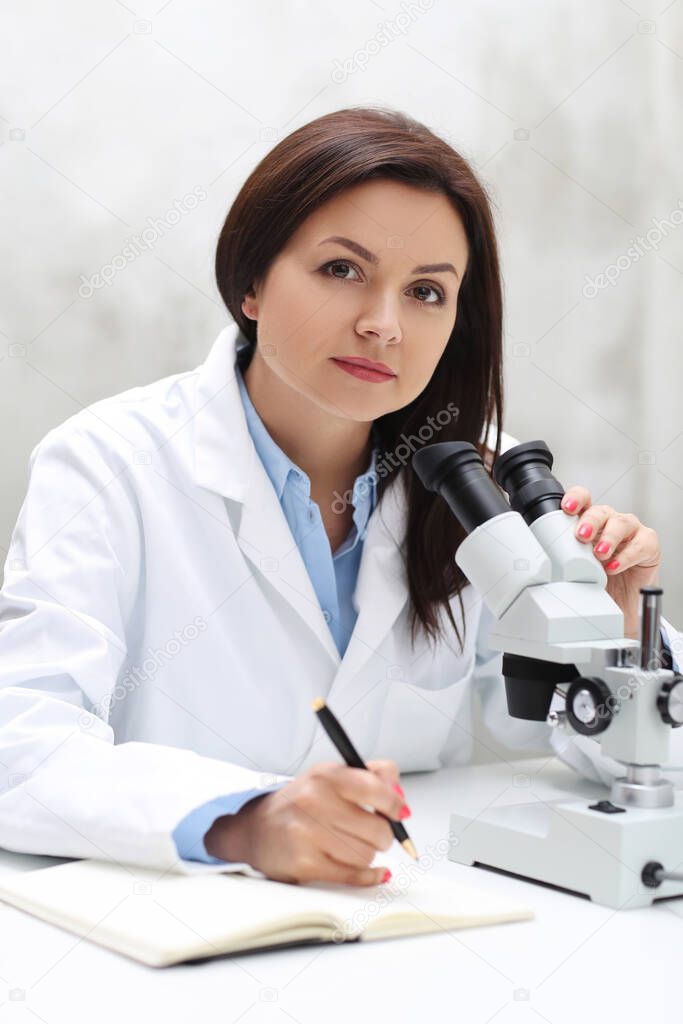 Professional, doctor. Scientist with microscope