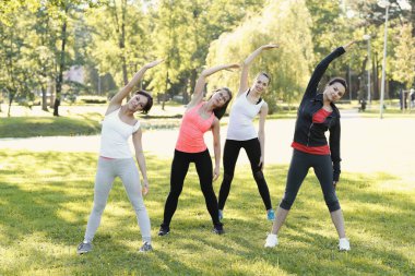 Spor. Kadınlar parkta egzersiz yapar.