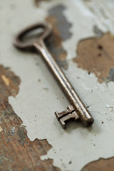 Vintage. Old, rustic key on the table