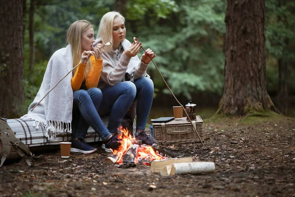 Seyahat ve keşfetmek. Ormandaki şenlik ateşi yakınındaki iki genç güzel kadın