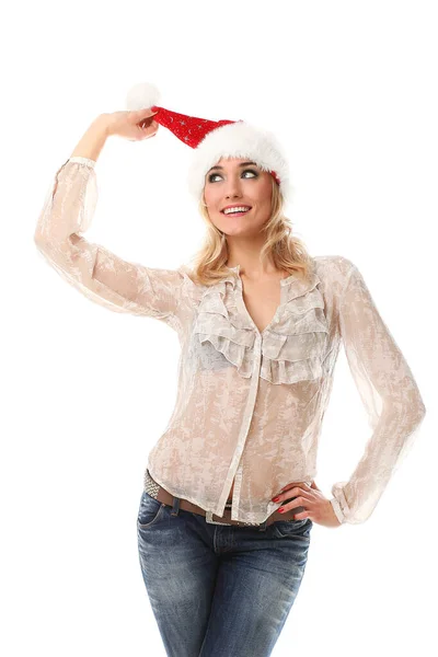 Jeune Belle Femme Caucasienne Posant Casquette Noël Rouge — Photo