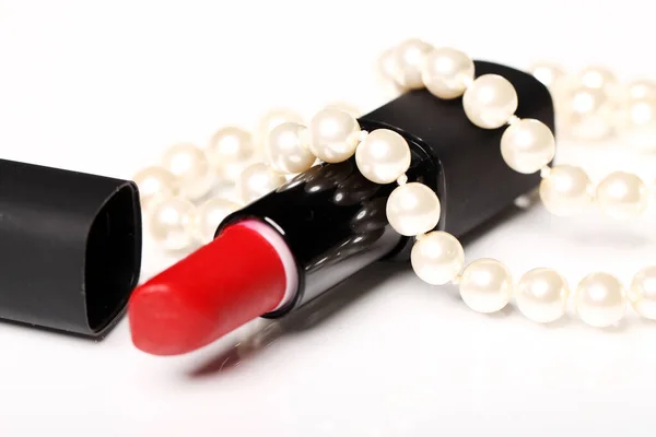 Close Red Pomade Pearl Necklace — Stock Photo, Image