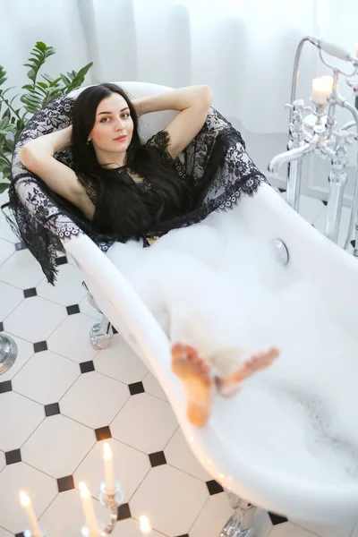Woman Black Dress Taking Bath — Stockfoto