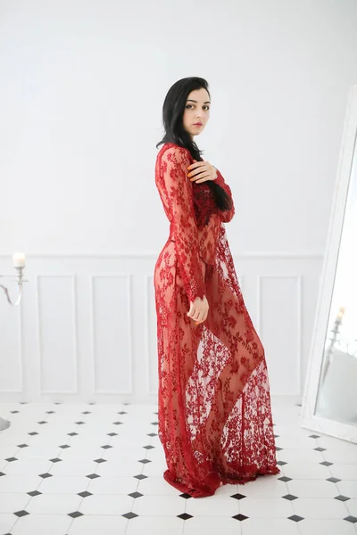 Bathroom Beautiful Woman Red Transparent Dress — 图库照片