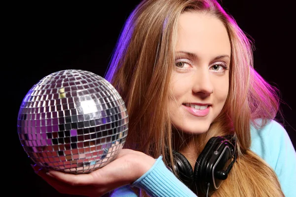 Attractive Girl Disco Ball Hand Headphones Neck — Stock Photo, Image