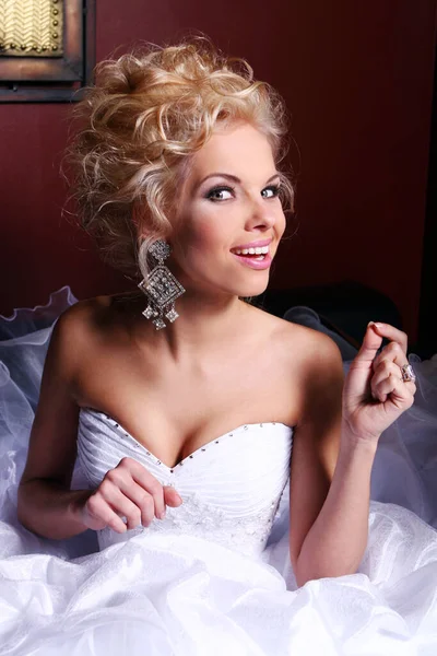 Young Beautiful Bride Luxury Wedding Dress Stock Photo
