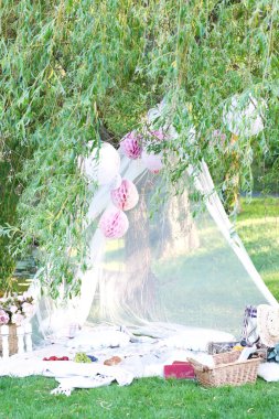 Parkta romantik pikniğin güzel dekorasyonları