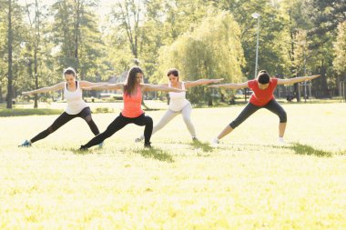 Spor. Kadınlar parkta egzersiz yapar.