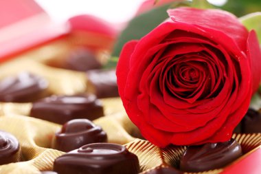 Kırmızı gül ve çikolata şekerlemelerine yakın çekim