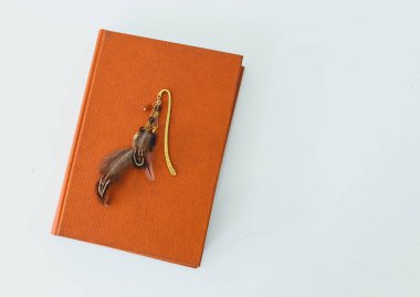 Okul, eğitim. Masanın üzerinde turuncu kitap var.