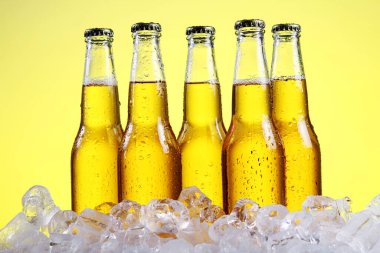 Sarı arka planda buzlu soğuk ve taze bira şişeleri.